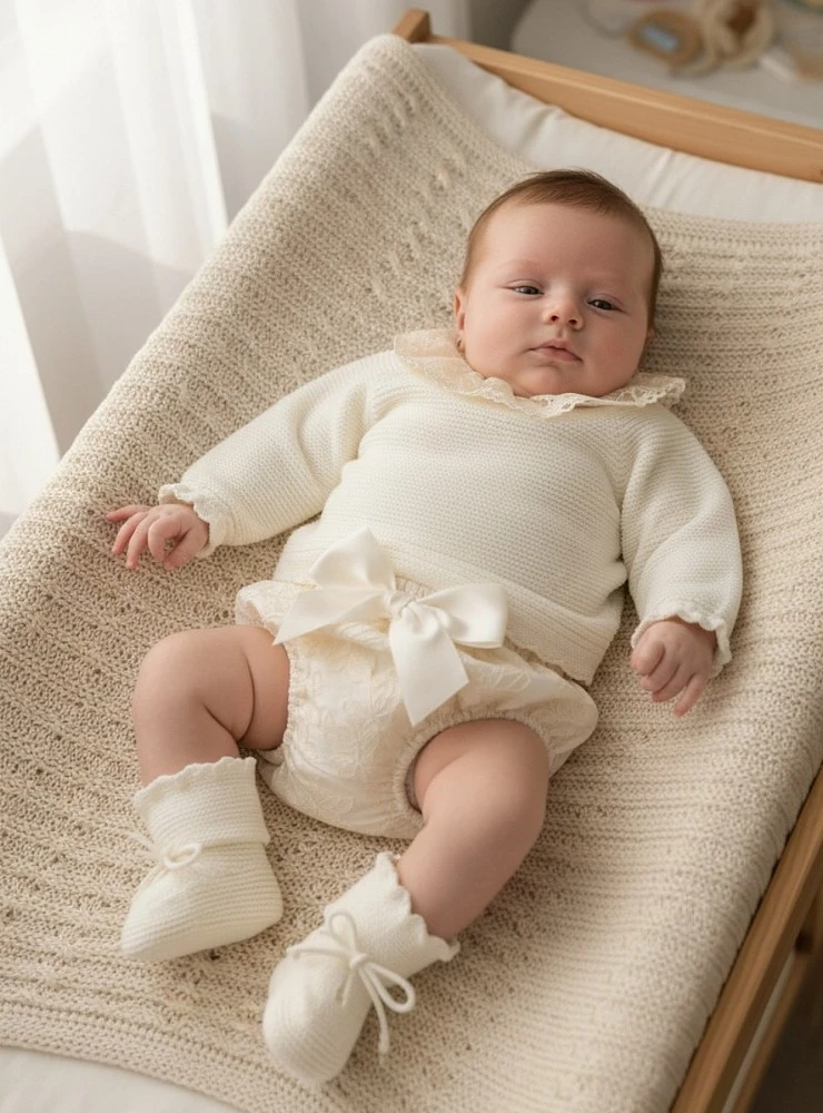 Conjunto unisex de punto y braguita color beige para bebé