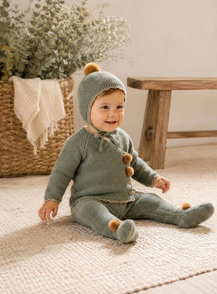 Conjunto unisex de tres piezas Colección Sauce de Lolittos con pompones de pelo natural