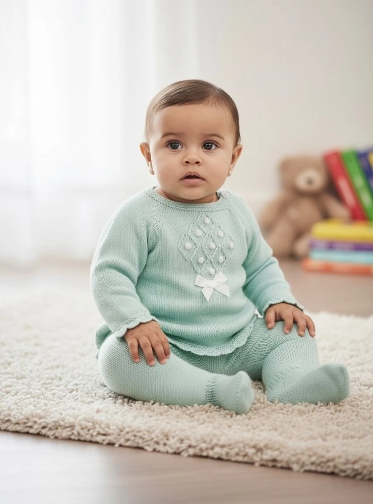Conjunto unisex dos piezas en punto de verano. Verde