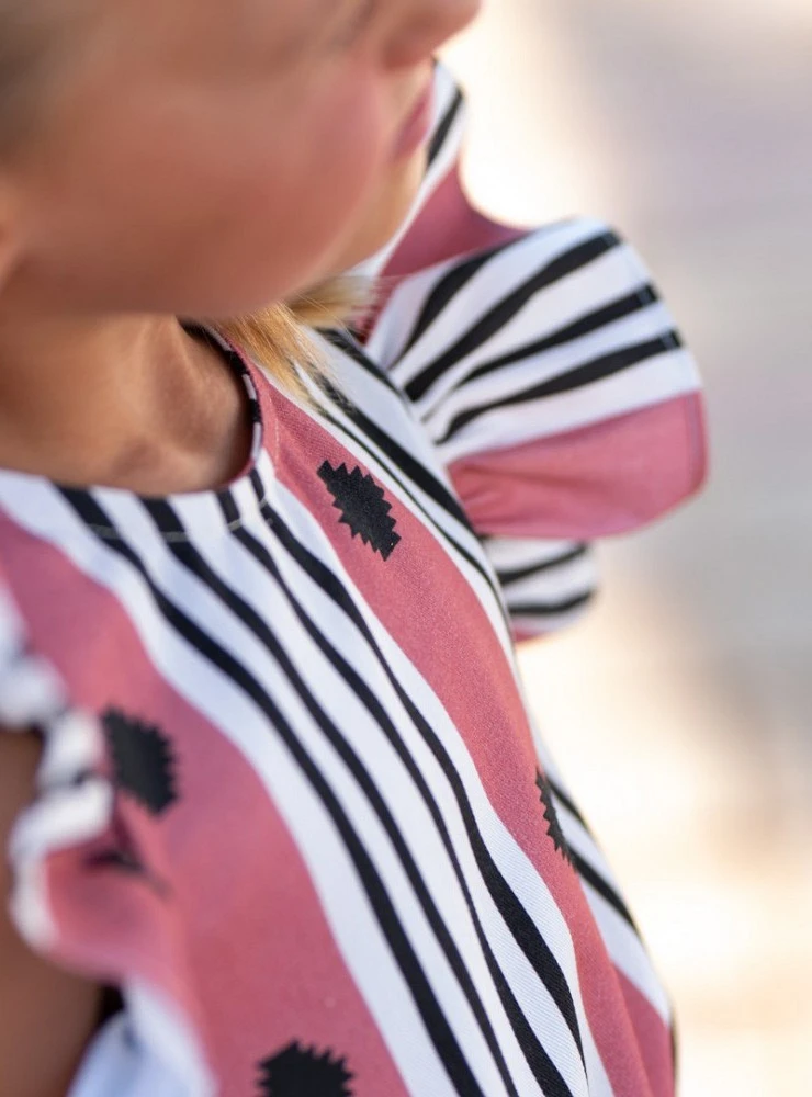 Coral and black ruffled short jumpsuit