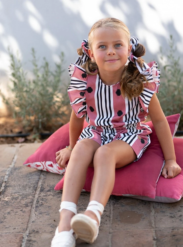 Coral and black ruffled short jumpsuit