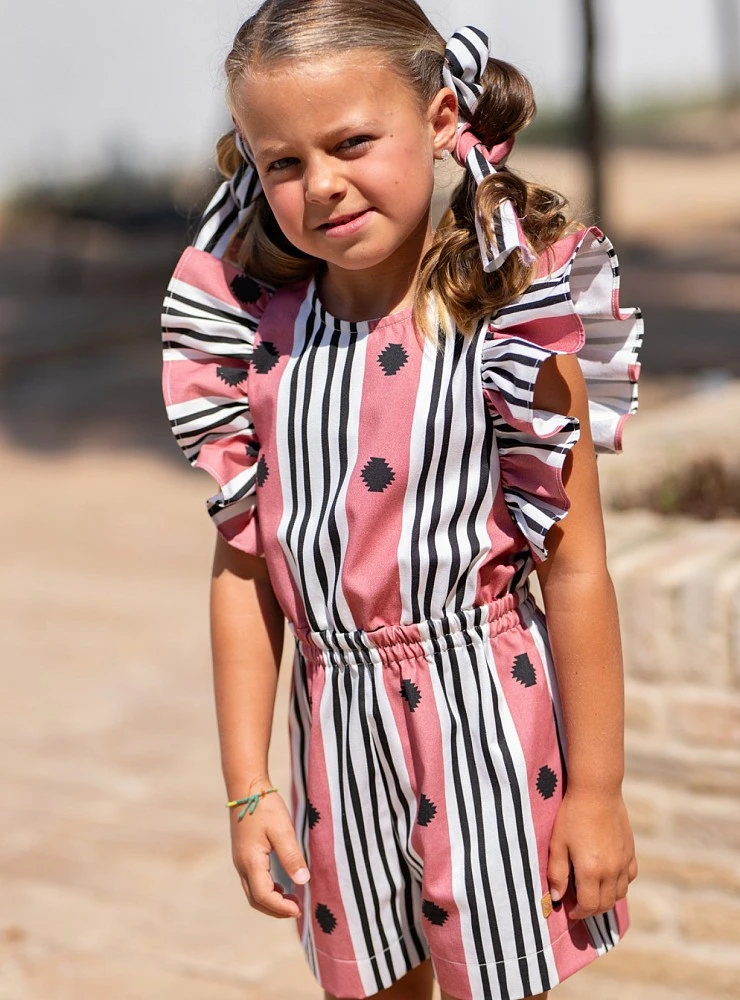 Coral and black ruffled short jumpsuit
