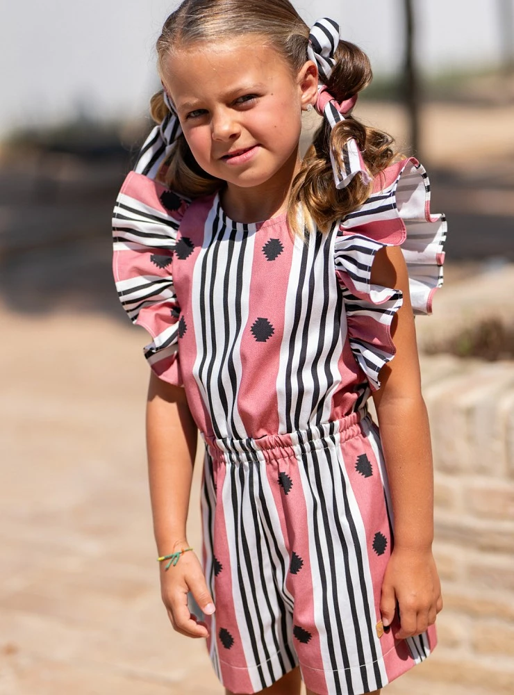 Coral and black ruffled short jumpsuit