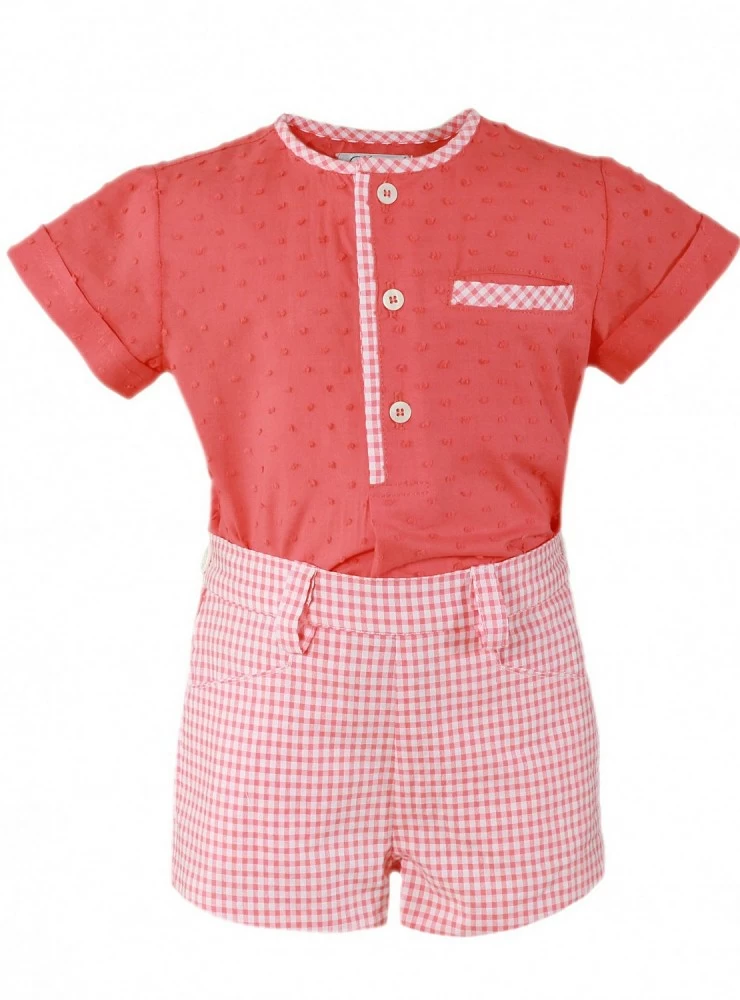 Coral color set for boy. Plumeti and Vichy check