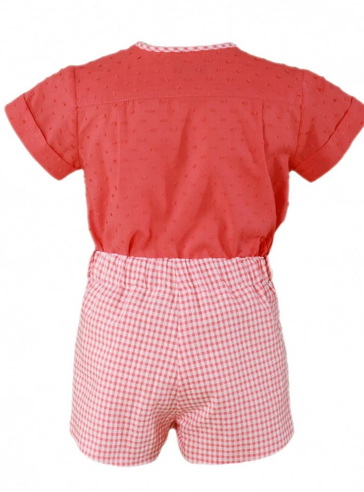 Coral color set for boy. Plumeti and Vichy check