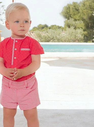 Coral color set for boy. Plumeti and Vichy check