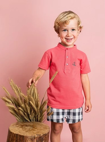 Coral polo shirt and gingham pants set for boy