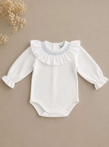Cotton bodysuit with batiste embroidered collar
