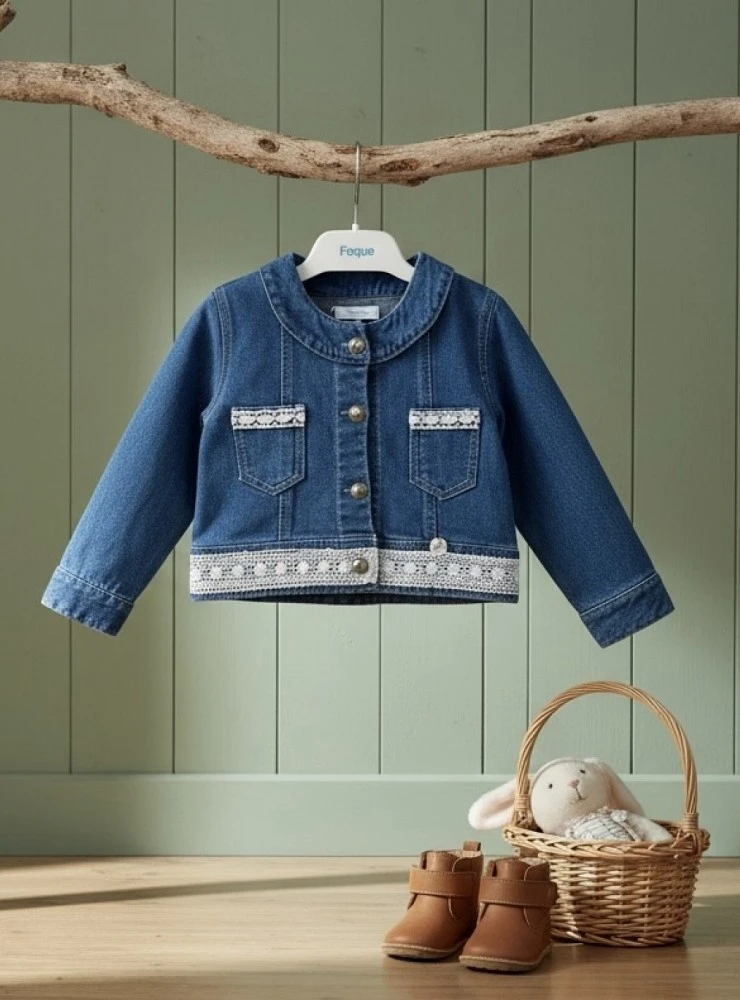 Denim jacket with white lace trim