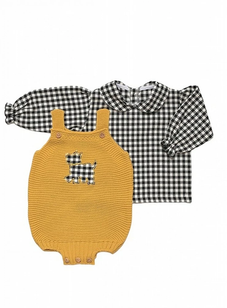 Doggie dungarees and blouse unisex set.