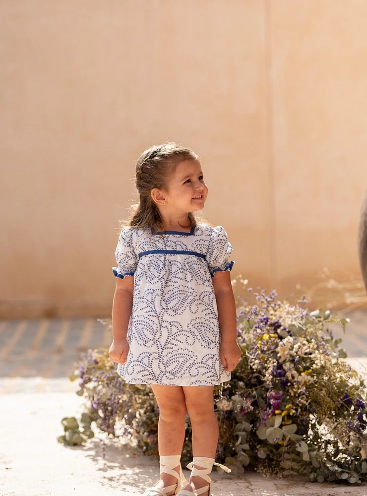 Dress and bloomers set embroidered in royal blue. Salitre Collection