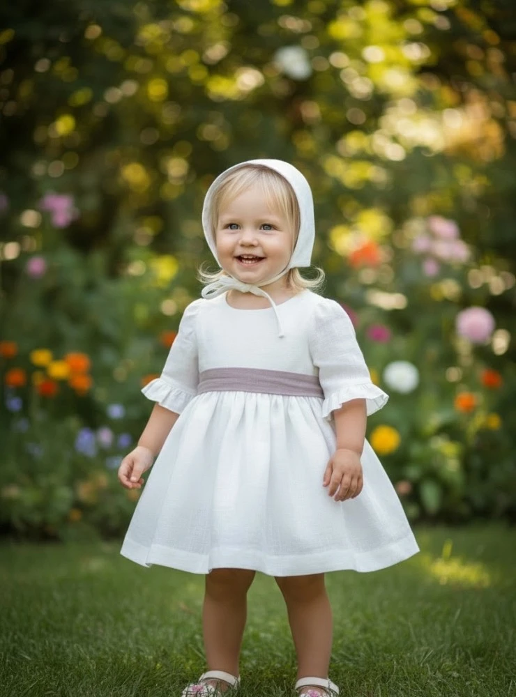 Dress and bonnet set in three colors, Aura collection