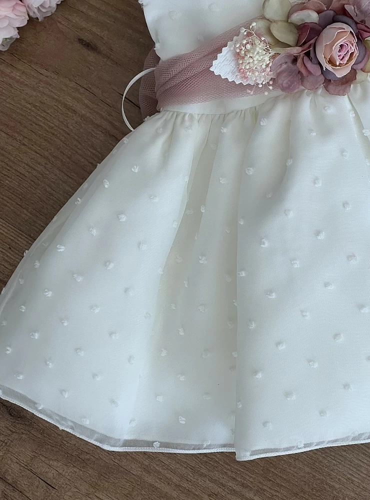 Dress for baptism or arras plumeti beige with pink or green