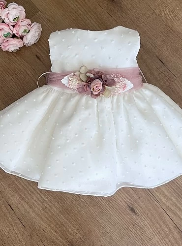 Dress for baptism or arras plumeti beige with pink or green