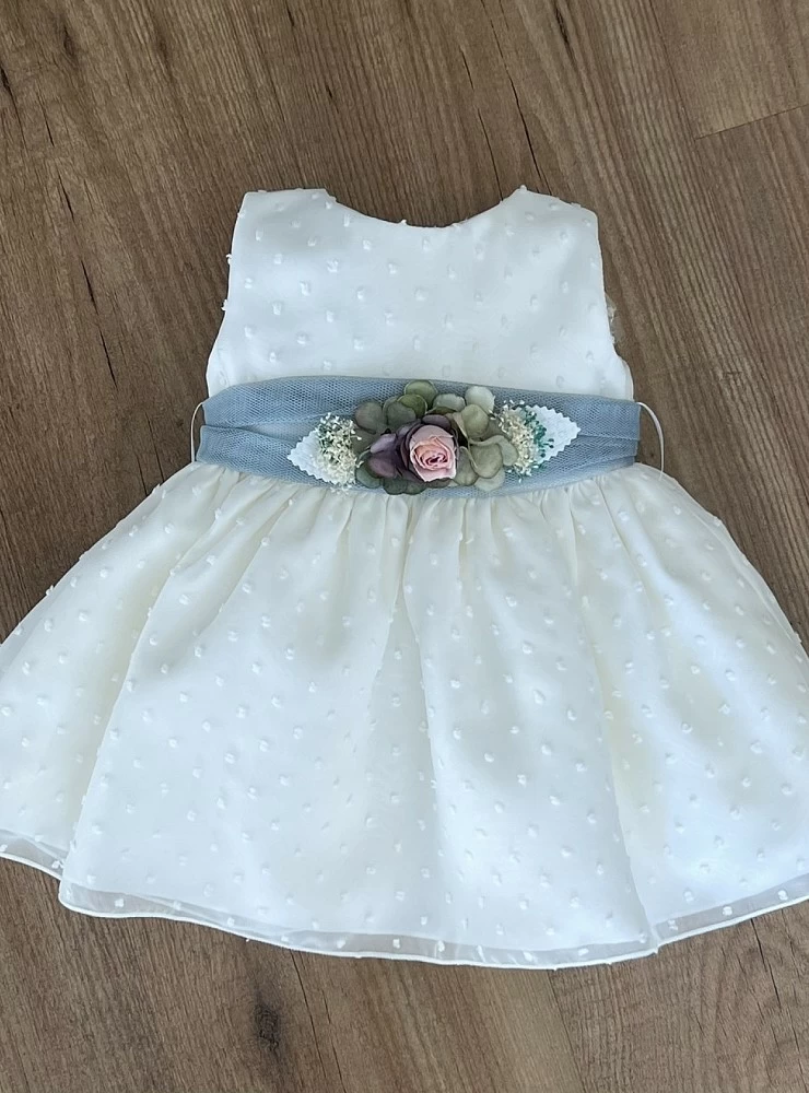 Dress for baptism or arras plumeti beige with pink or green