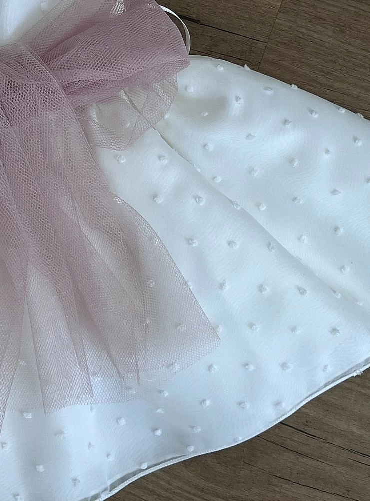 Dress for baptism or arras plumeti beige with pink or green