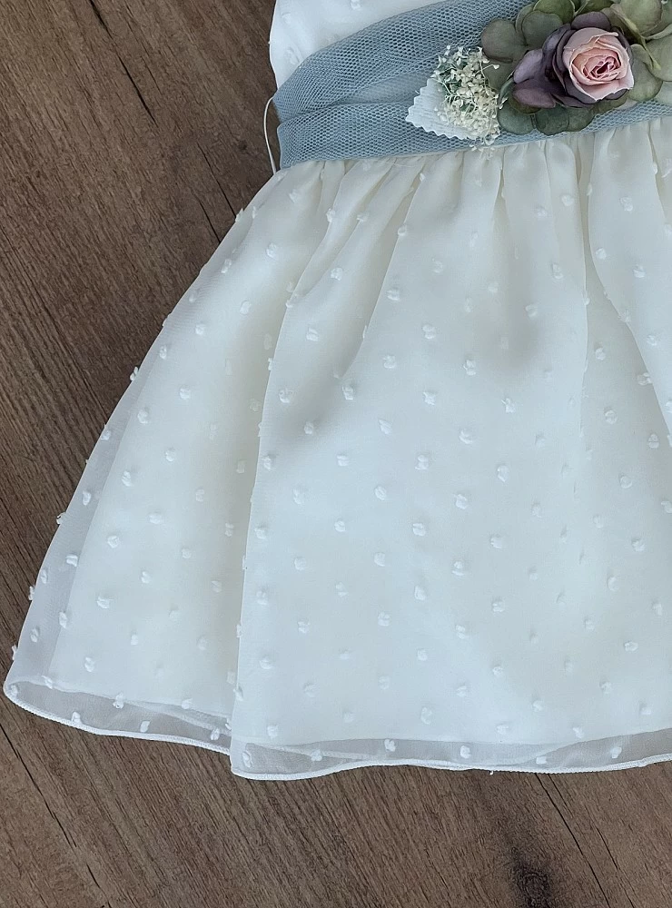 Dress for baptism or arras plumeti beige with pink or green