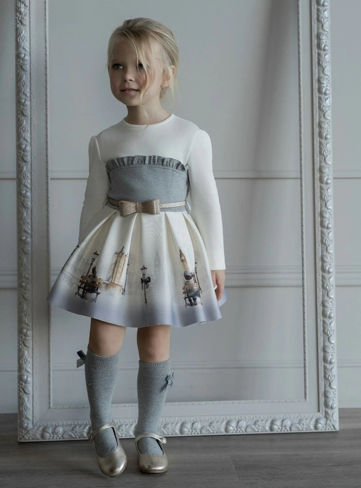 Dress in beige and gray tones, London collection