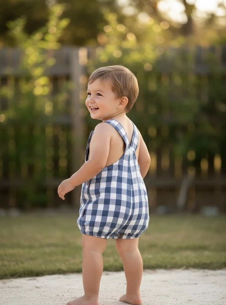 Dungaree romper in blue and white checks.