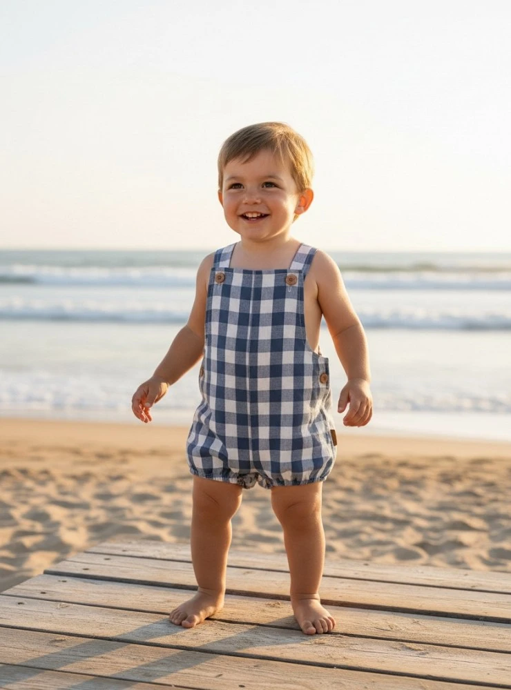 Dungaree romper in blue and white checks.