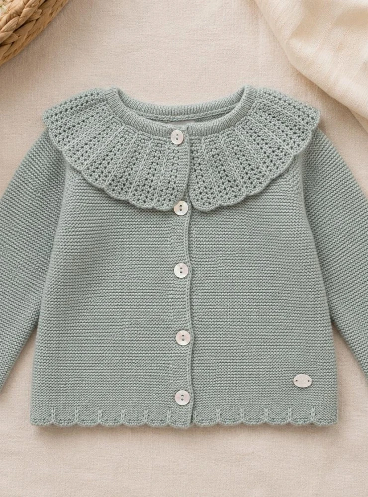 Dusty green knitted cardigan for baby | Aller Collection