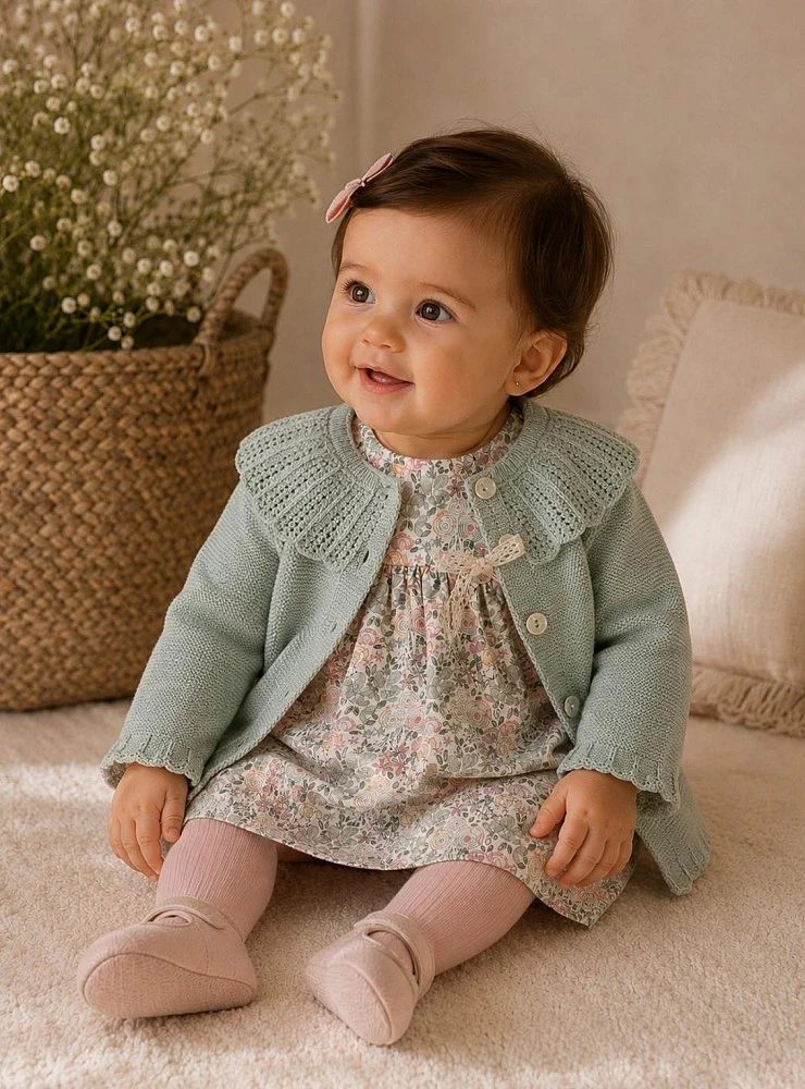 Dusty green knitted cardigan for baby | Aller Collection