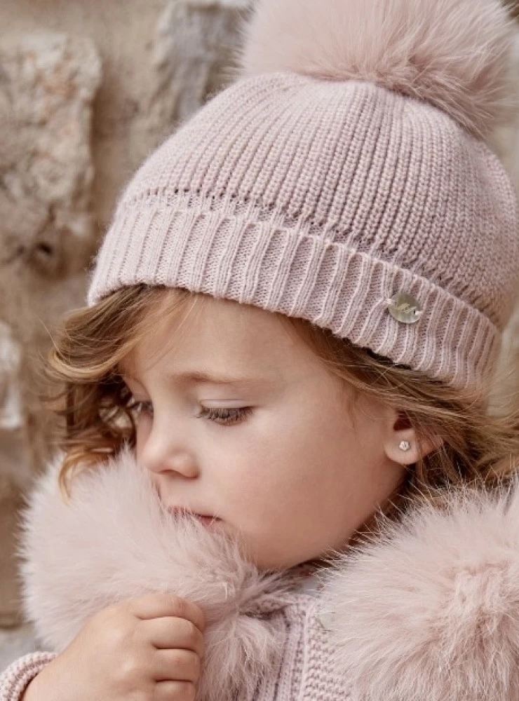 English point beanie with natural fur pompom.