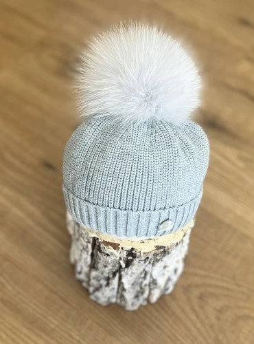 English point beanie with natural fur pompom.