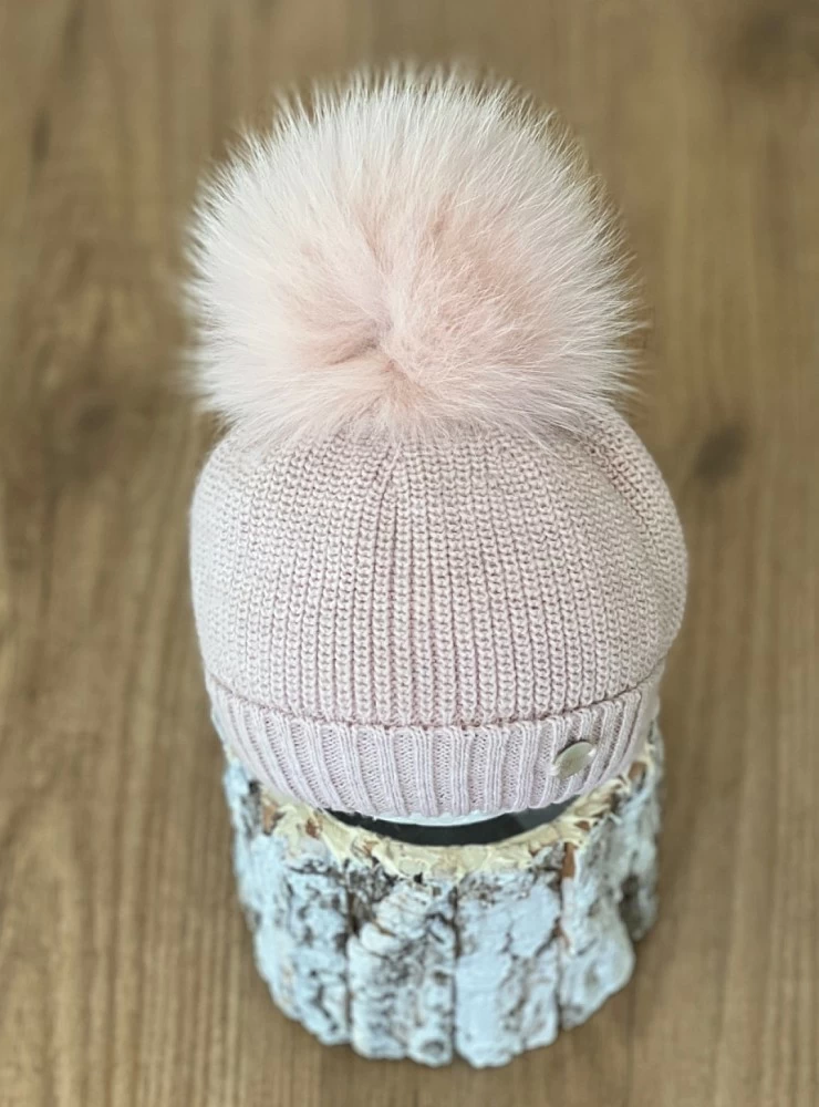 English point beanie with natural fur pompom.