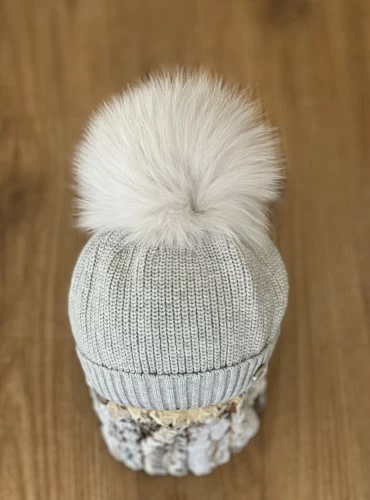 English point beanie with natural fur pompom.