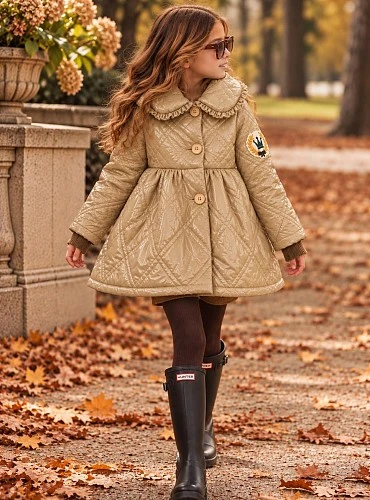 Eva Castro Girls' Camel Quilted Coat with Fleece Lining