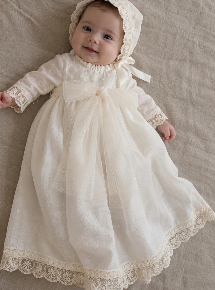 Faldón de bautizo unisex de lino con capota Colección Serena