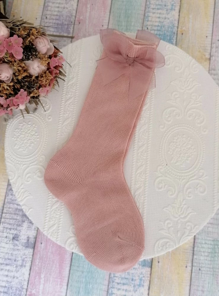 Fine thread leggings with pale pink Organza bow