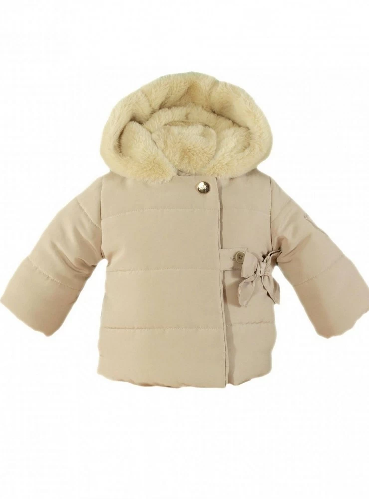 Flared coat with bow on one side. Sand color