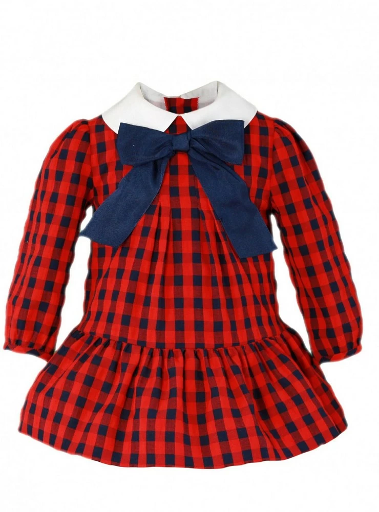 Flared dress with red and navy gingham ruffle