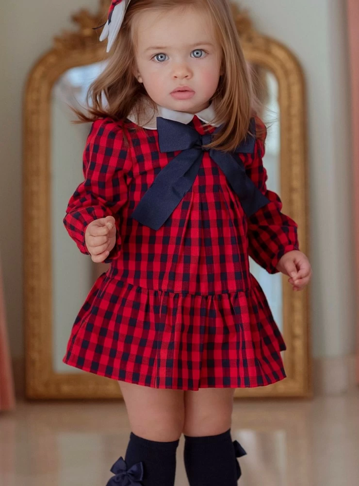 Flared dress with red and navy gingham ruffle