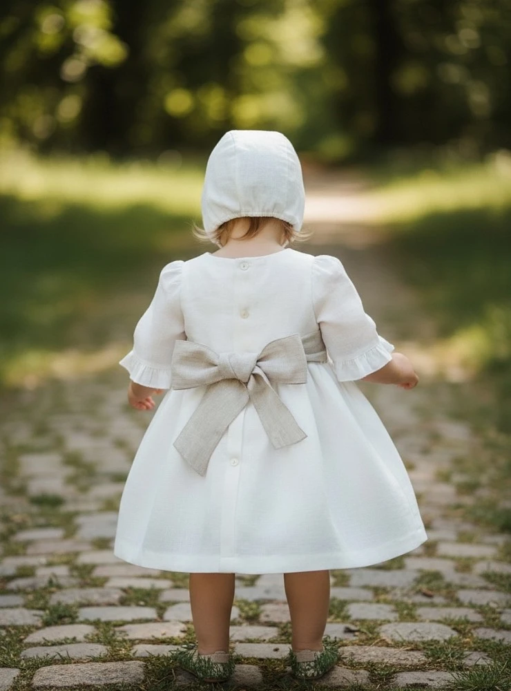 Formal dress for girls with linen bonnet | Aura Collection