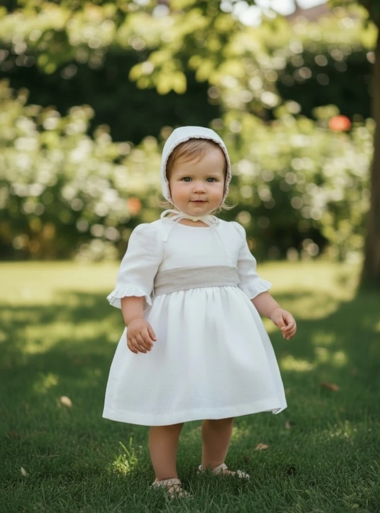 Formal dress for girls with linen bonnet | Aura Collection