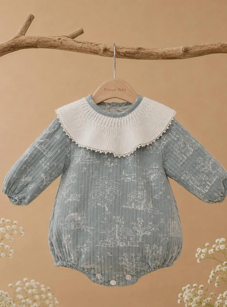 Freya Unisex Dusty Green Romper with Knitted Collar