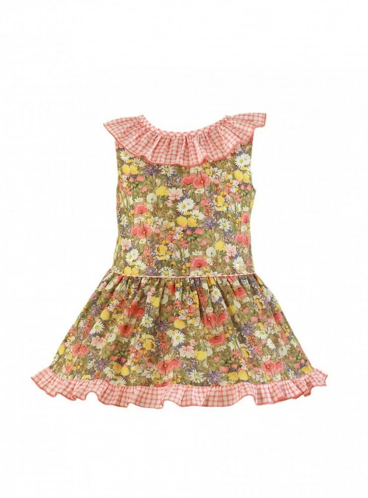 Garden print dress combined with Vichy.,