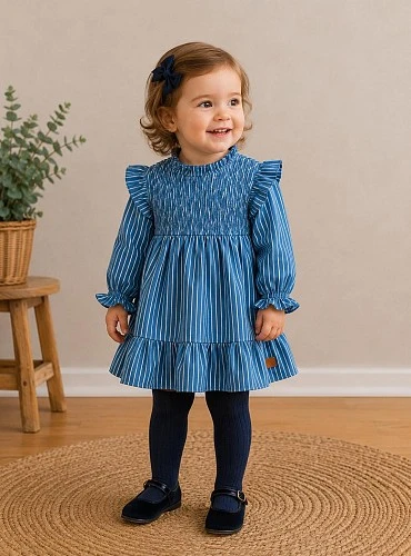 Girl's blue denim dress with white stripes
