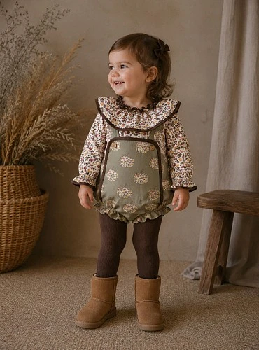 Girl's outfit from the Pumpkins collection with romper and flannel blouse