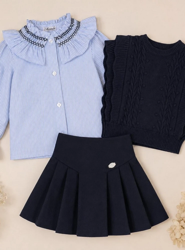Girls' 3-piece outfit: blouse, skirt, and navy blue vest