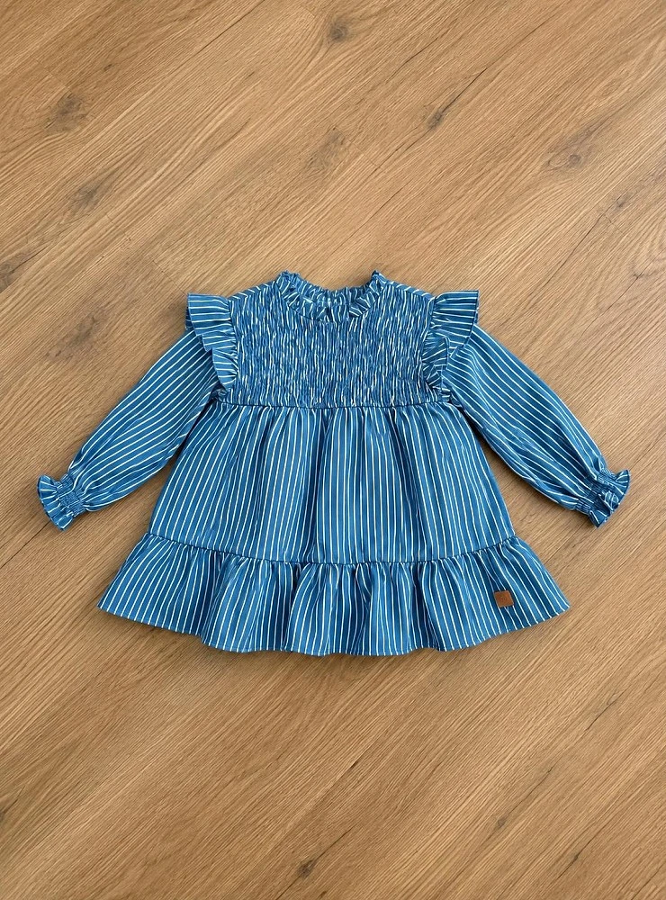 Girl's blue denim dress with white stripes