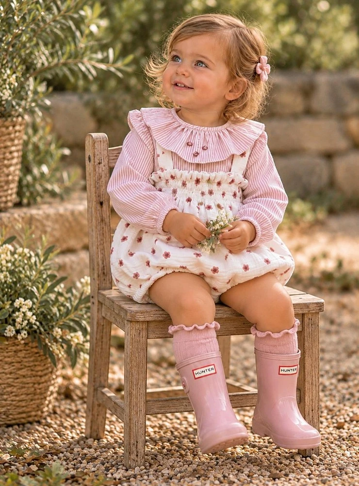 Girls' Crinkled Cotton Romper and Striped Blouse Set – Flor de Copo Collection