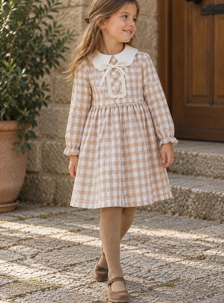 Girls' Gingham and Plumeti Dress – Camel | Toffee