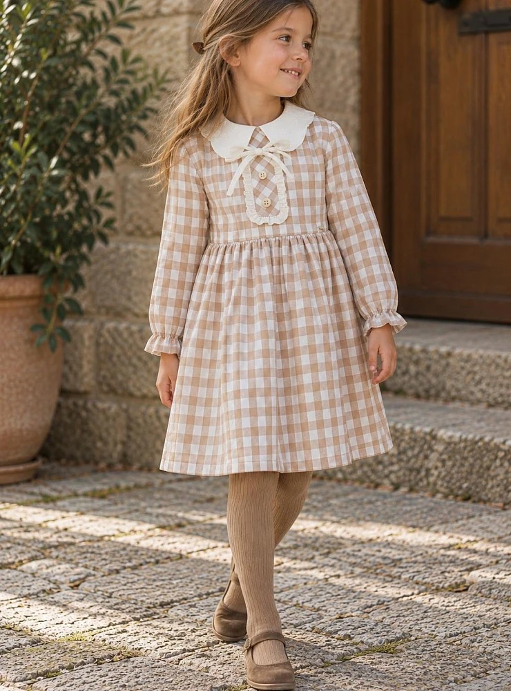 Girls' Gingham and Plumeti Dress – Camel | Toffee