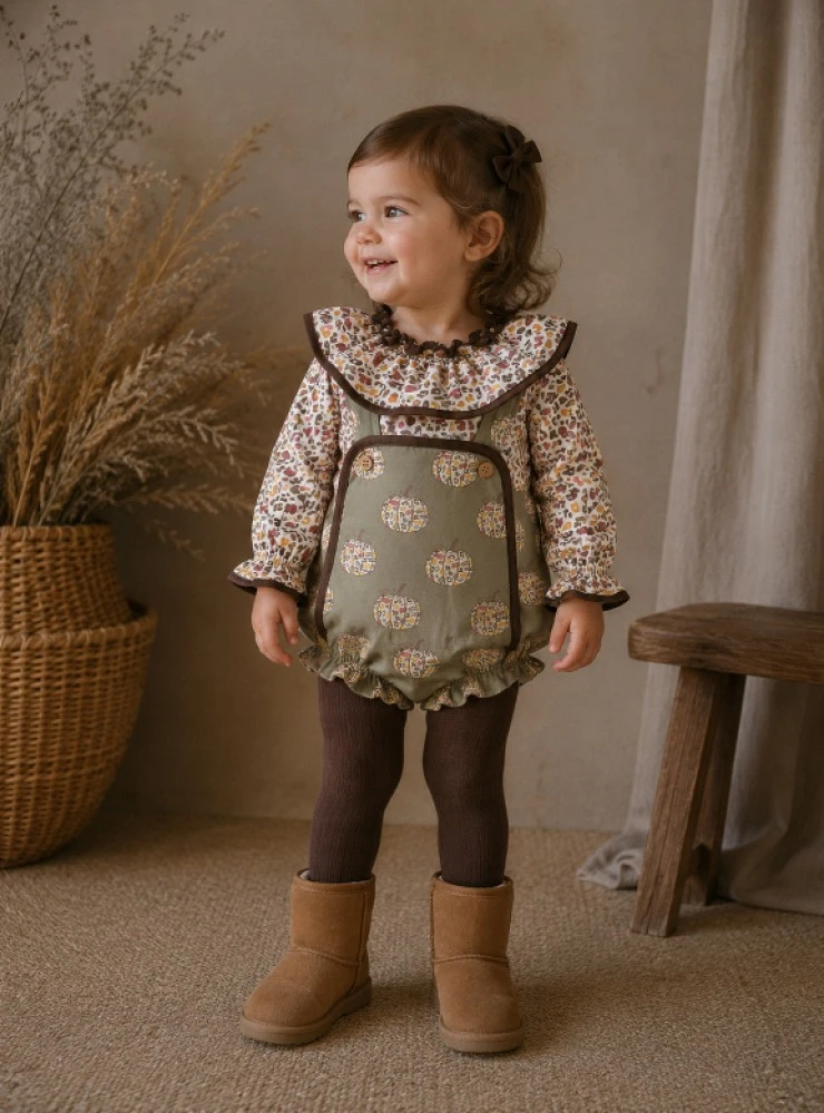 Girl's outfit from the Pumpkins collection with romper and flannel blouse