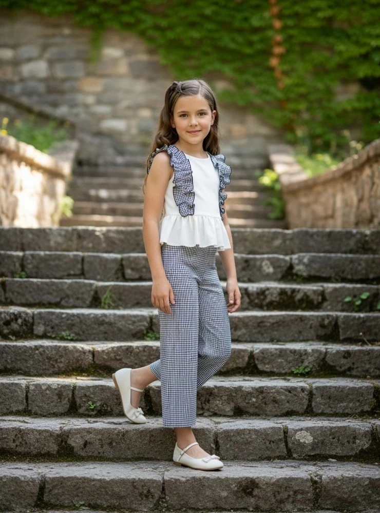 Girl's outfit. Black gingham blouse and trousers
