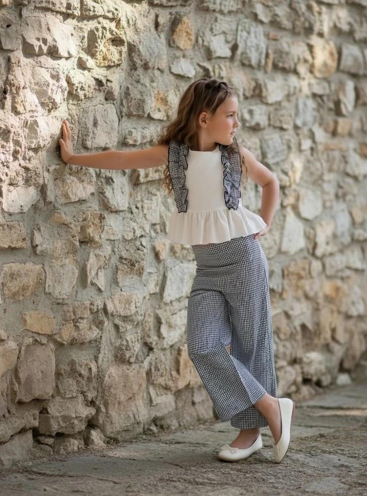 Girl's outfit. Black gingham blouse and trousers